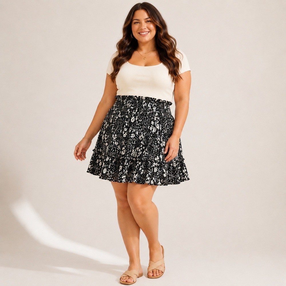 Torrid 1X Black Ditsy Floral Smocked Ruffle Tiered Boho Crinkle Mini Skirt NWT